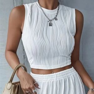 Textured Cream Cropped Tank Top With Matching Shorts